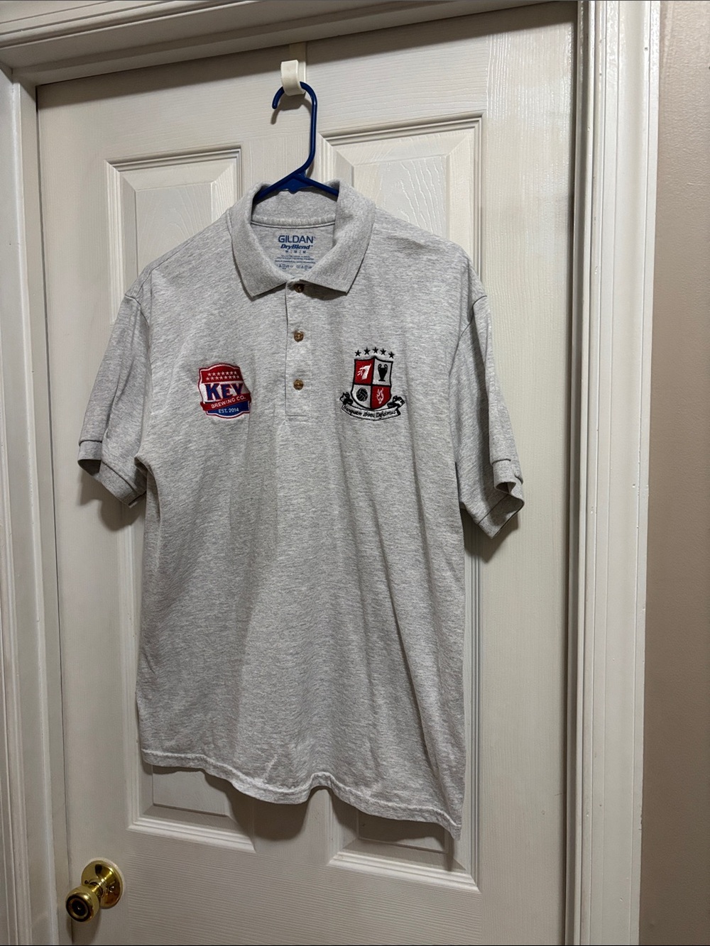 Gildan Light Gray Polo with Embroidered Crest and Patch